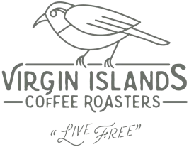 Logo with a bird, text: "Virgin Islands Coffee Roasters" and "Live Free" at the bottom in stylized font.