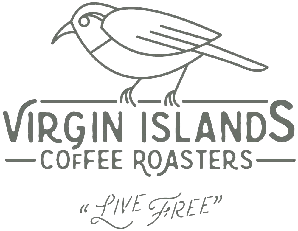 Logo with a bird, text: "Virgin Islands Coffee Roasters" and "Live Free" at the bottom in stylized font. logo on footer section.