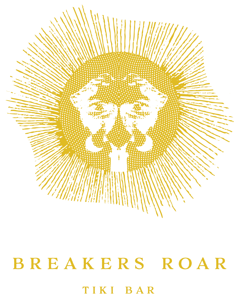 The image shows a stylized yellow lion's head with lines radiating out, accompanied by the text "Breakers Roar Tiki Bar" below it. logo on footer section.