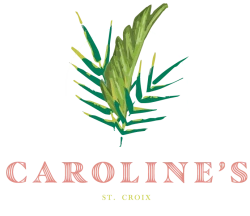 The image features a logo with green leaves inside an arch, and the text "CAROLINE'S ST. CROIX" below in pink and yellow.