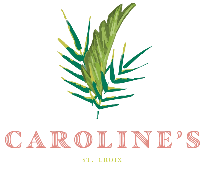 The image features a logo with green leaves inside an arch, and the text "CAROLINE'S ST. CROIX" below in pink and yellow. logo on footer section.