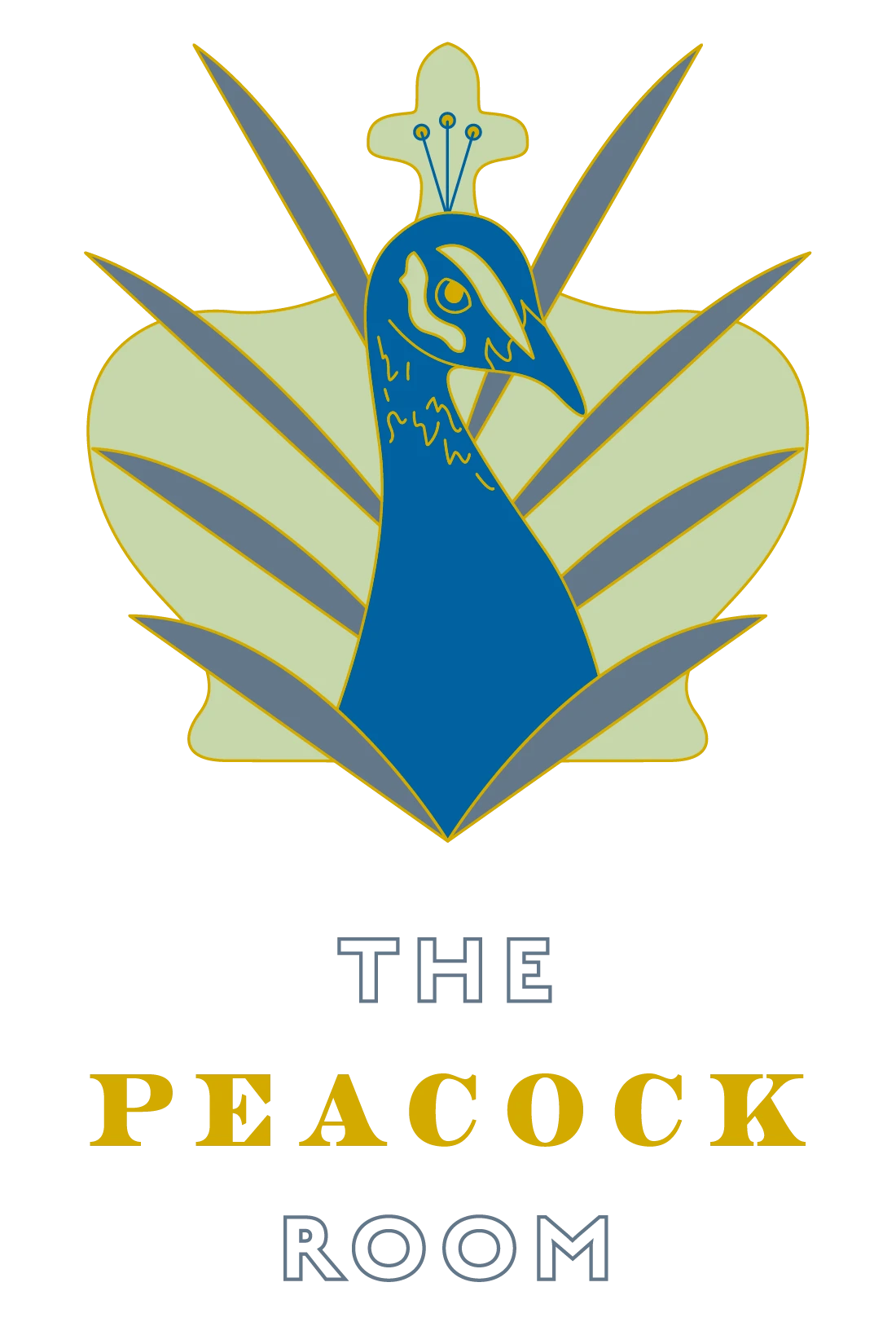 Logo features a blue and gold peacock with stylized feathers, and "The Peacock Room" text beneath the image. logo on footer section.