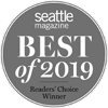 A circular badge reads "Seattle Magazine Best of 2019 Readers' Choice Winner" in a grayscale design.