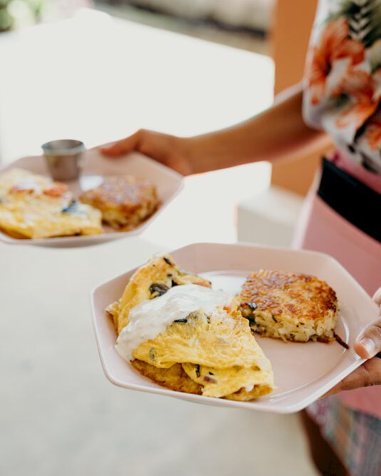 A person holds two plates with omelets and hash browns, wearing a floral shirt and pink apron.