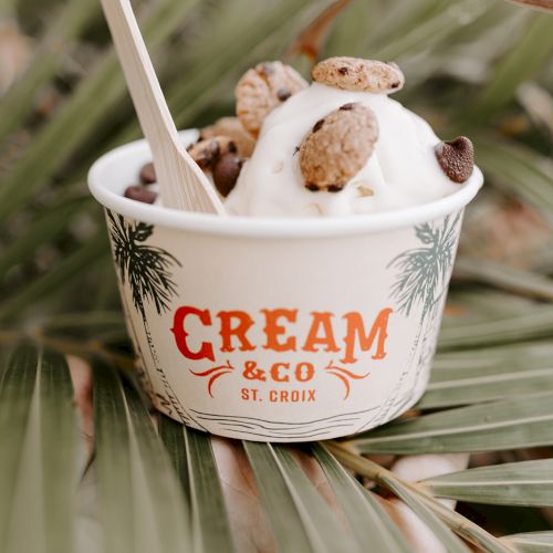 A cup of ice cream topped with cookies, placed on palm leaves. The cup reads "Cream & Co St. Croix."