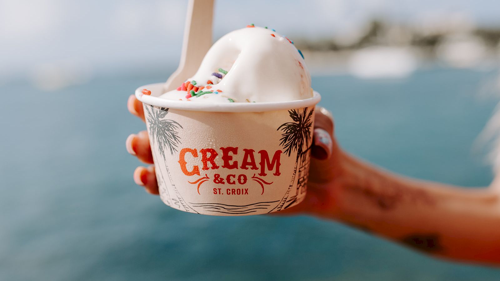 A hand holds a cup of ice cream with sprinkles, labeled "Cream & Co St. Croix," against a scenic waterfront backdrop.
