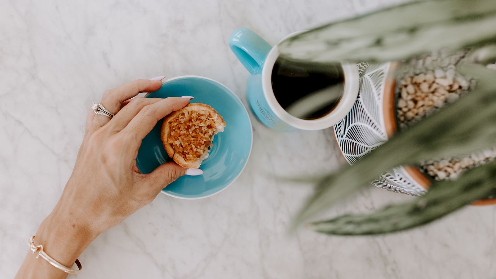 A hand holding a cookie over a blue plate, with a cup of coffee nearby on a marble surface next to a plant in a pot.