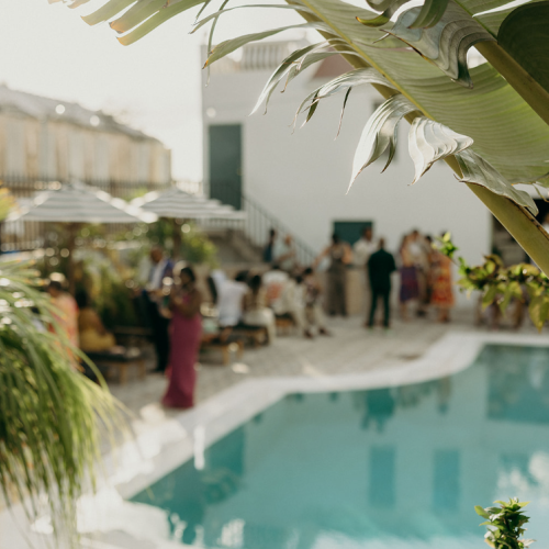 A lush outdoor poolside gathering with people, plants, and parasols, radiating a festive and tropical atmosphere.